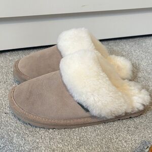 Plush Shearling-Lined Slip-On Slippers - Taupe/Off-White